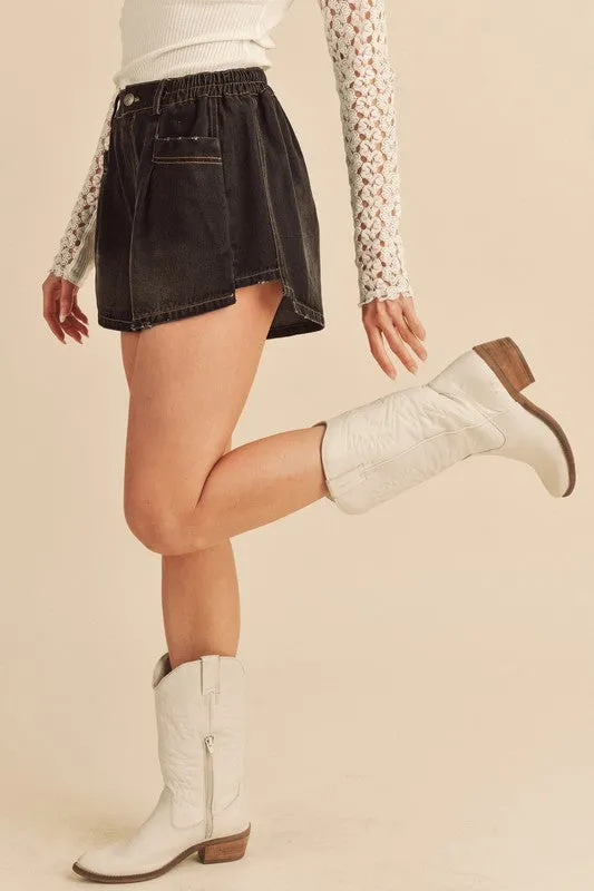 Aemi   Co Frayed Hem Elastic Waist Denim Shorts