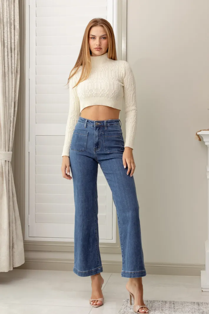 ALESHA WIDE LEG DENIM JEANS - Mid Blue