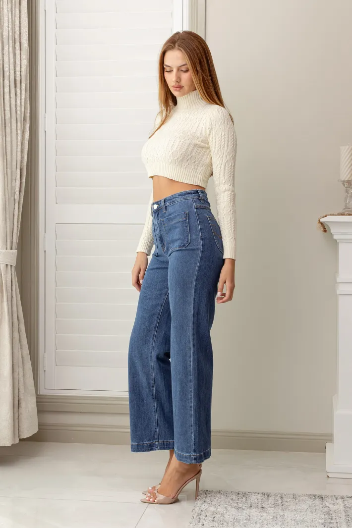 ALESHA WIDE LEG DENIM JEANS - Mid Blue