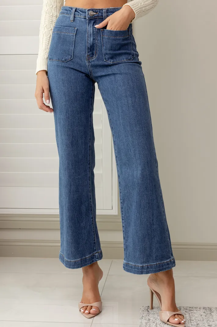 ALESHA WIDE LEG DENIM JEANS - Mid Blue