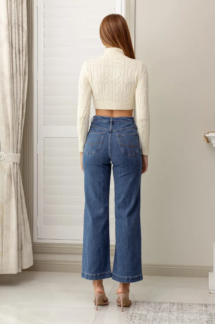 ALESHA WIDE LEG DENIM JEANS - Mid Blue