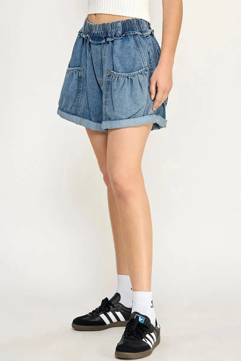 BALLOON STYLE POCKETS DENIM SHORTS