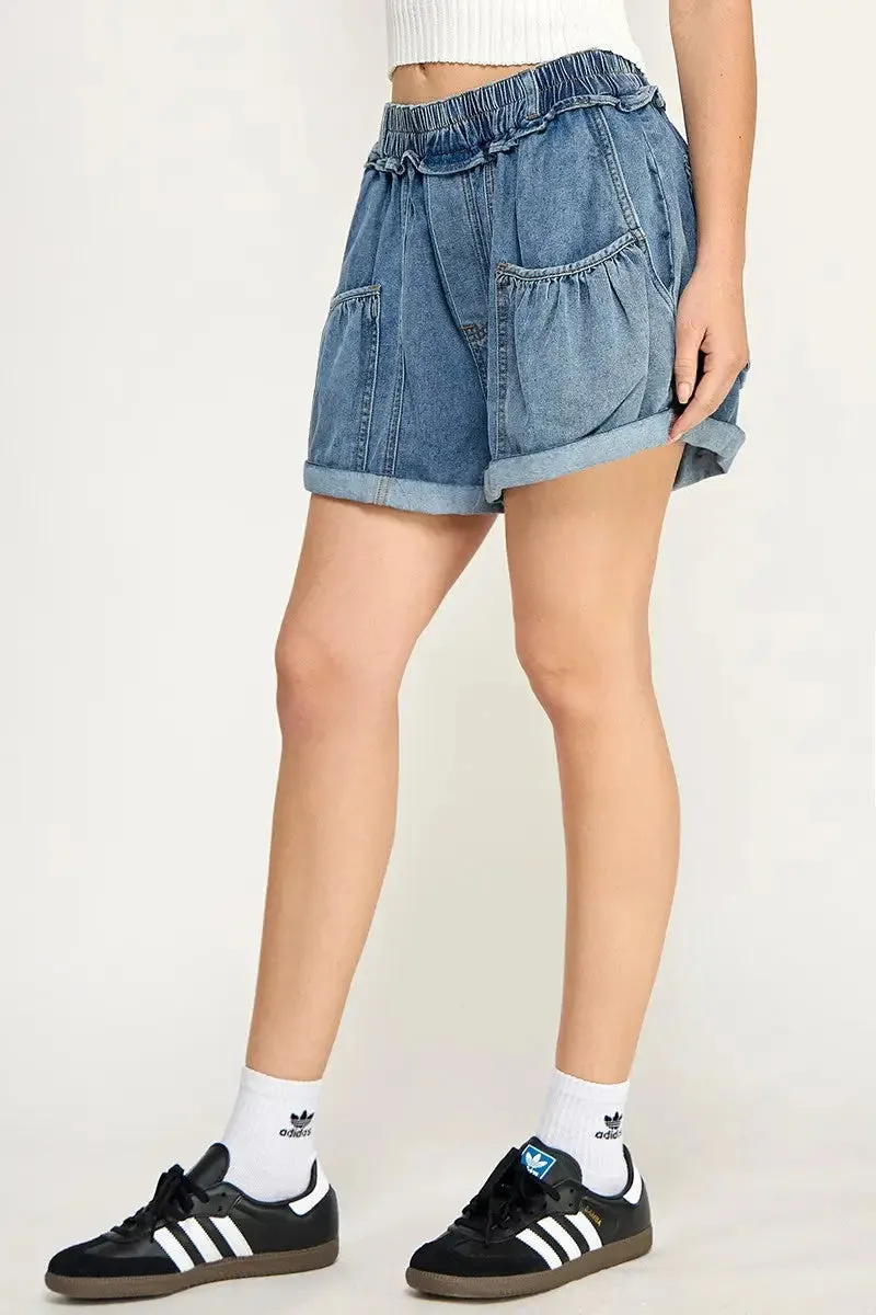BALLOON STYLE POCKETS DENIM SHORTS