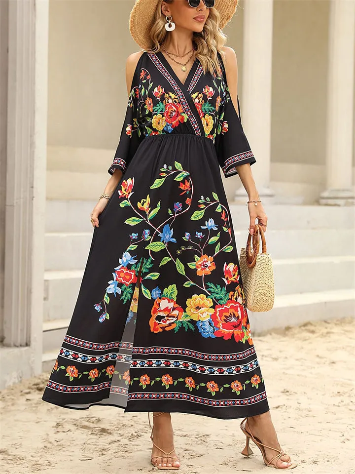 Beautiful Flower Print Side Slit Bohemian Dress for Women