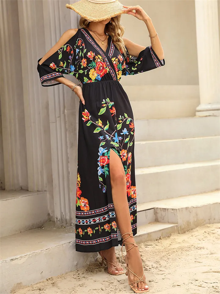 Beautiful Flower Print Side Slit Bohemian Dress for Women