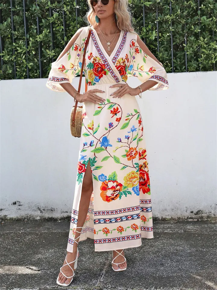 Beautiful Flower Print Side Slit Bohemian Dress for Women