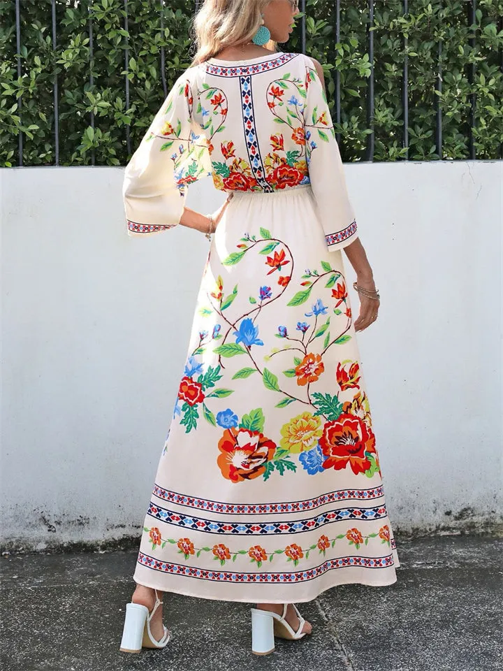 Beautiful Flower Print Side Slit Bohemian Dress for Women