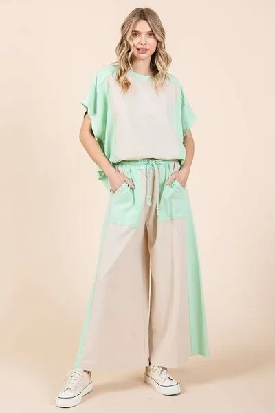 Beige/Mint Color Block Wide Leg  Pants
