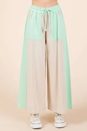 Beige/Mint Color Block Wide Leg  Pants
