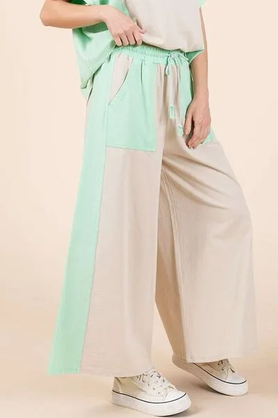 Beige/Mint Color Block Wide Leg  Pants