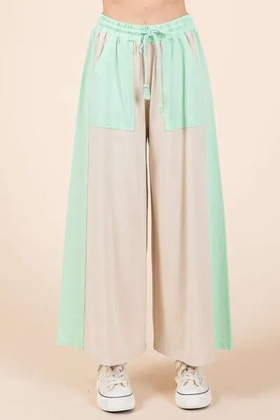 Beige/Mint Color Block Wide Leg  Pants