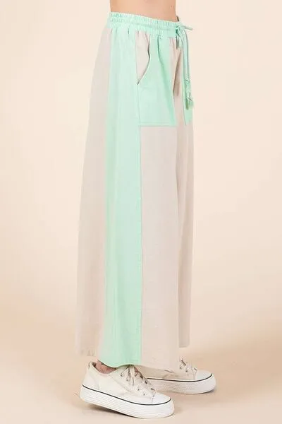 Beige/Mint Color Block Wide Leg  Pants
