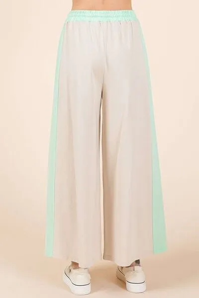 Beige/Mint Color Block Wide Leg  Pants