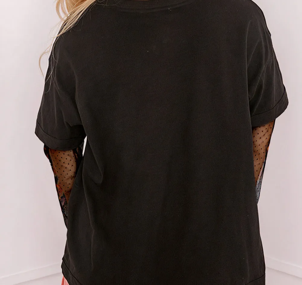 Black Faux Two Piece Floral Patchwork Tee