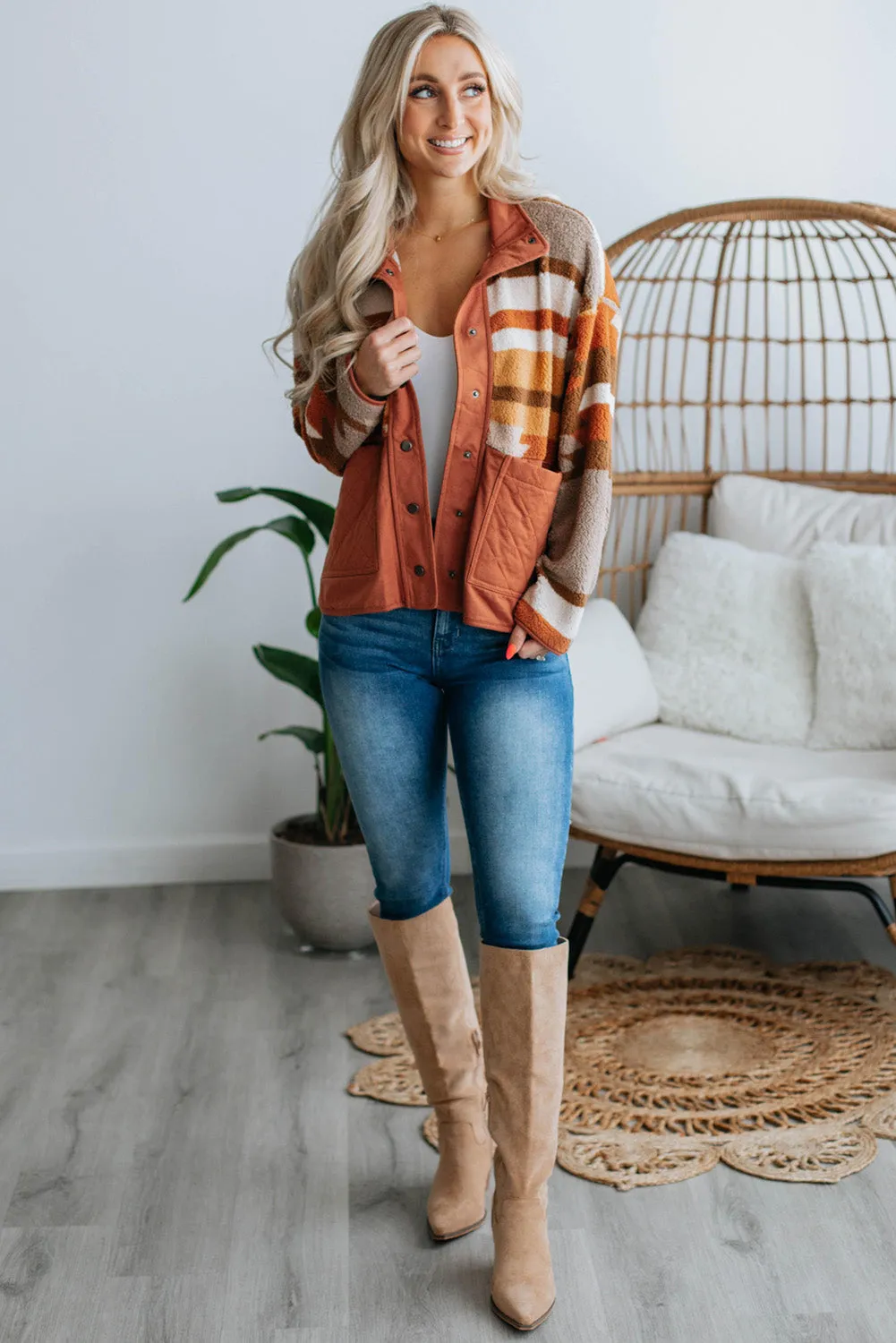 Brown Quilted Patch Pockets Aztec Furry Jacket
