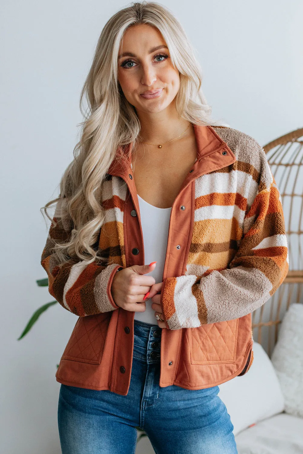 Brown Quilted Patch Pockets Aztec Furry Jacket
