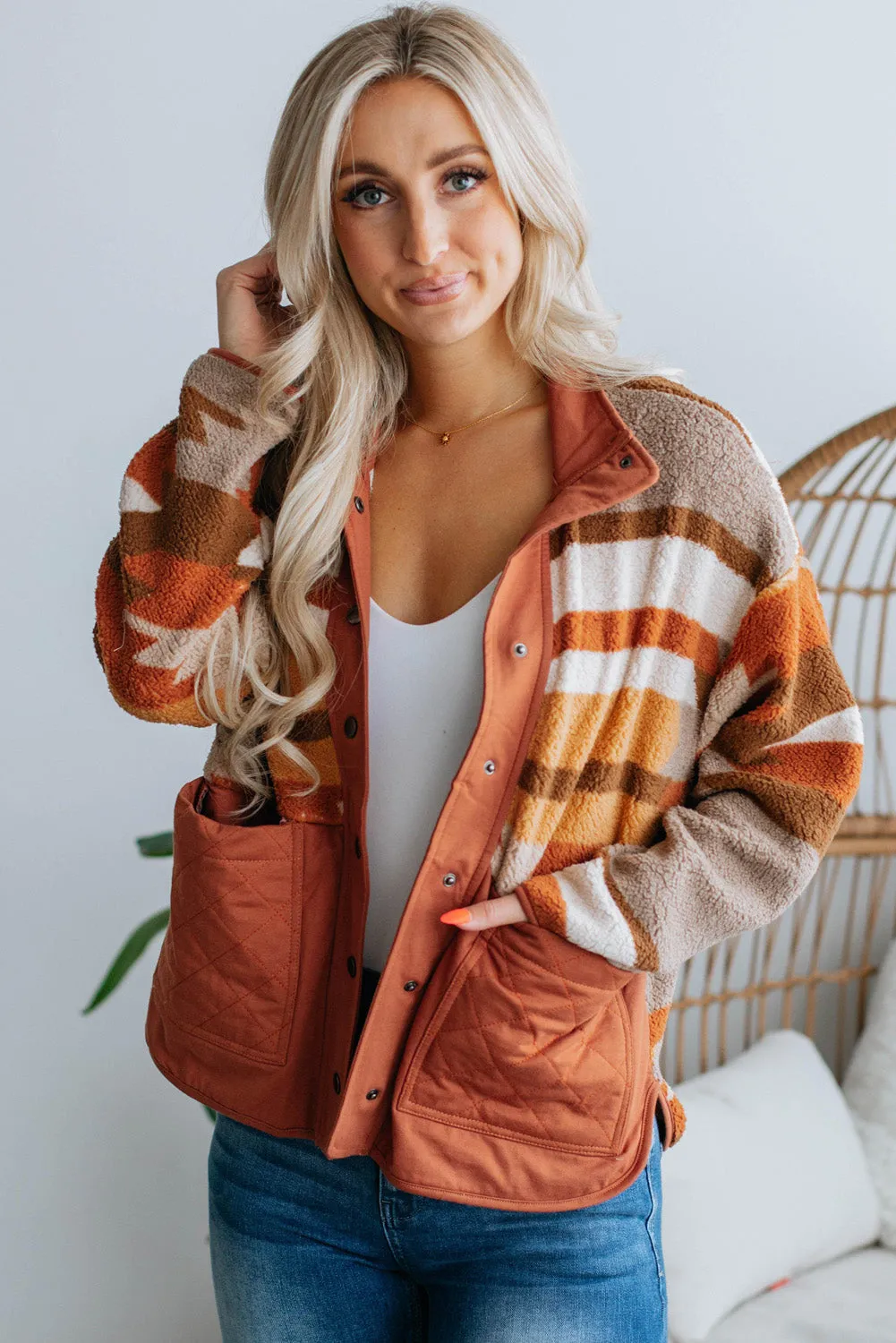 Brown Quilted Patch Pockets Aztec Furry Jacket
