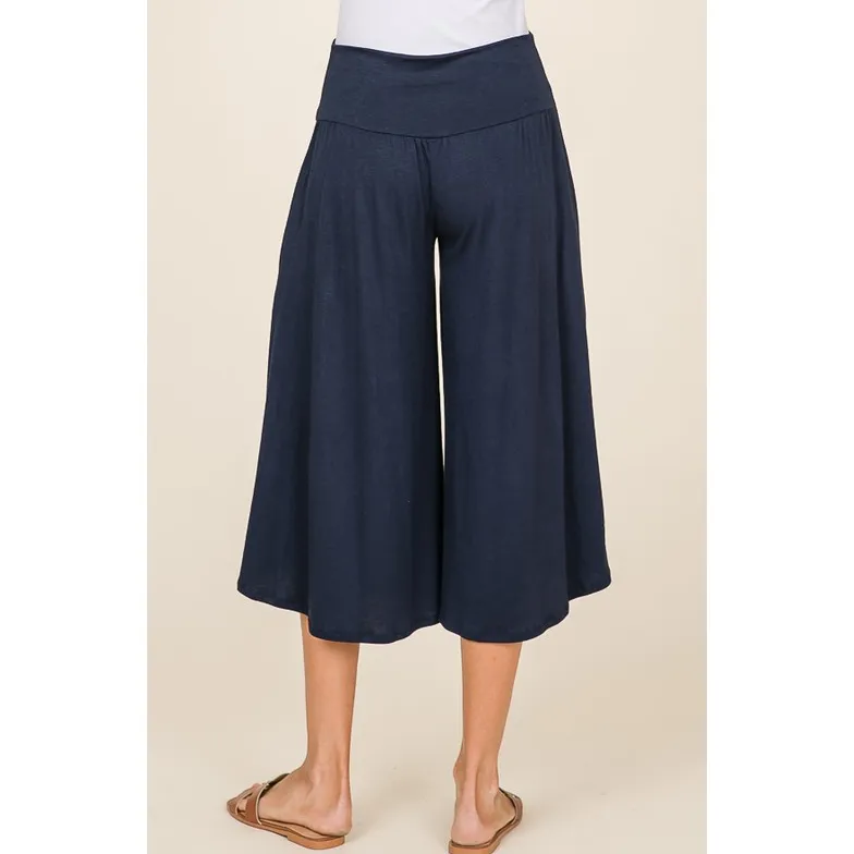 Casual Cropped Navy Pants with Pockets