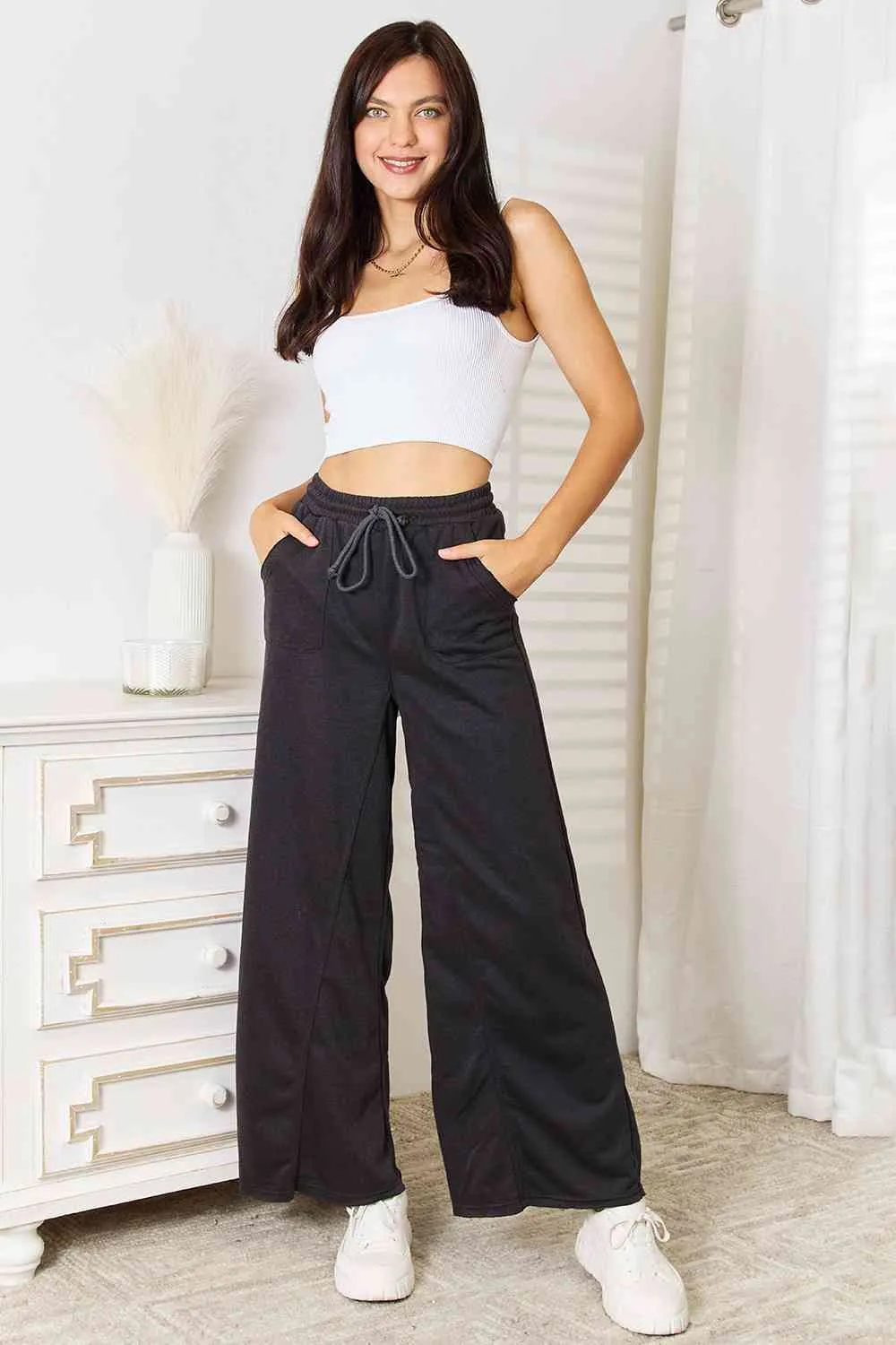 Charcoal Color Wide Leg Pocketed Pants