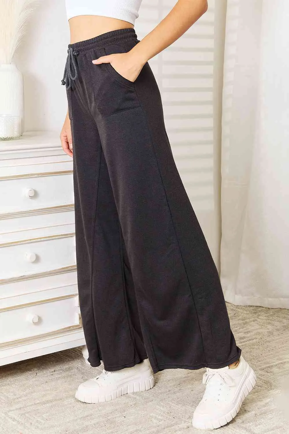 Charcoal Color Wide Leg Pocketed Pants