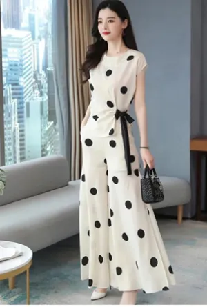 Chiffon Wide Leg Pants Skirt Suit Polka Dot