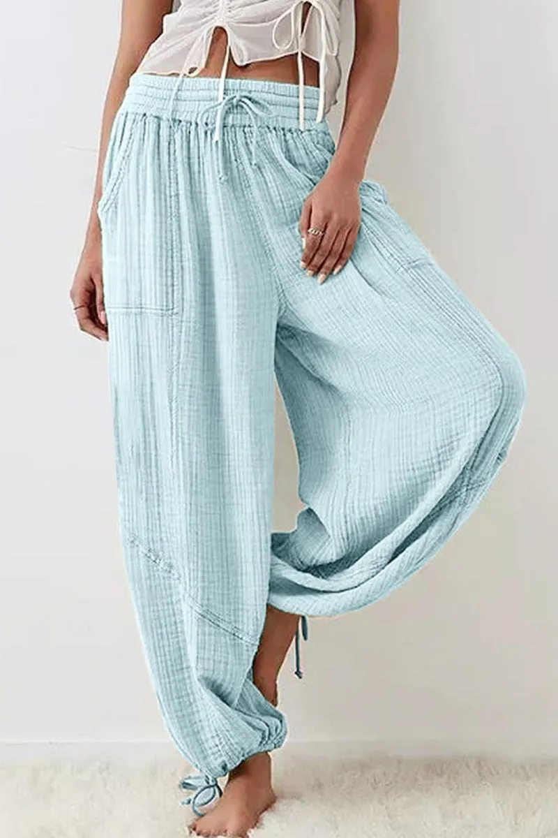 Chouyatou Womens Casual Loose Fit Wide Leg Cotton Pants Drawstring Stitching Baggy Pants Trousers with Pockets