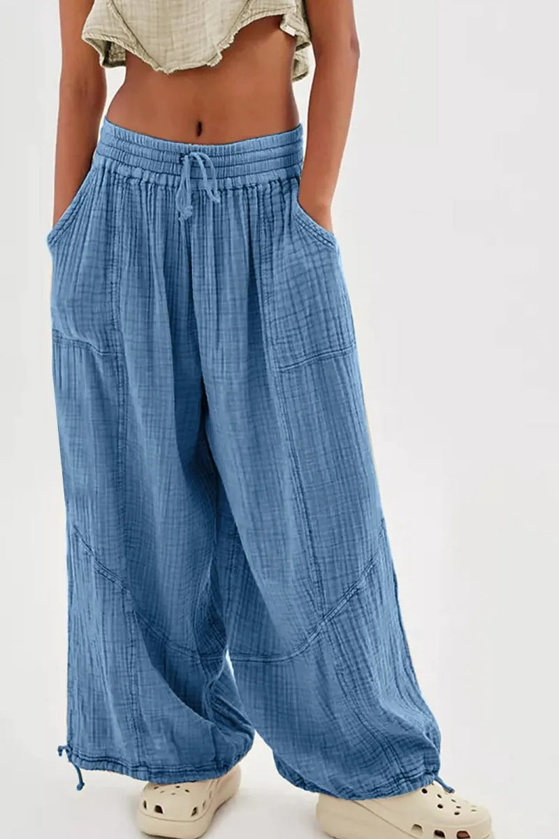 Chouyatou Womens Casual Loose Fit Wide Leg Cotton Pants Drawstring Stitching Baggy Pants Trousers with Pockets