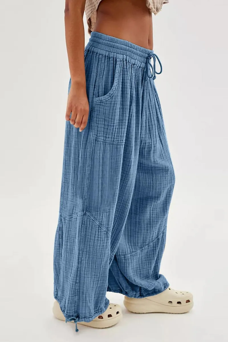 Chouyatou Womens Casual Loose Fit Wide Leg Cotton Pants Drawstring Stitching Baggy Pants Trousers with Pockets