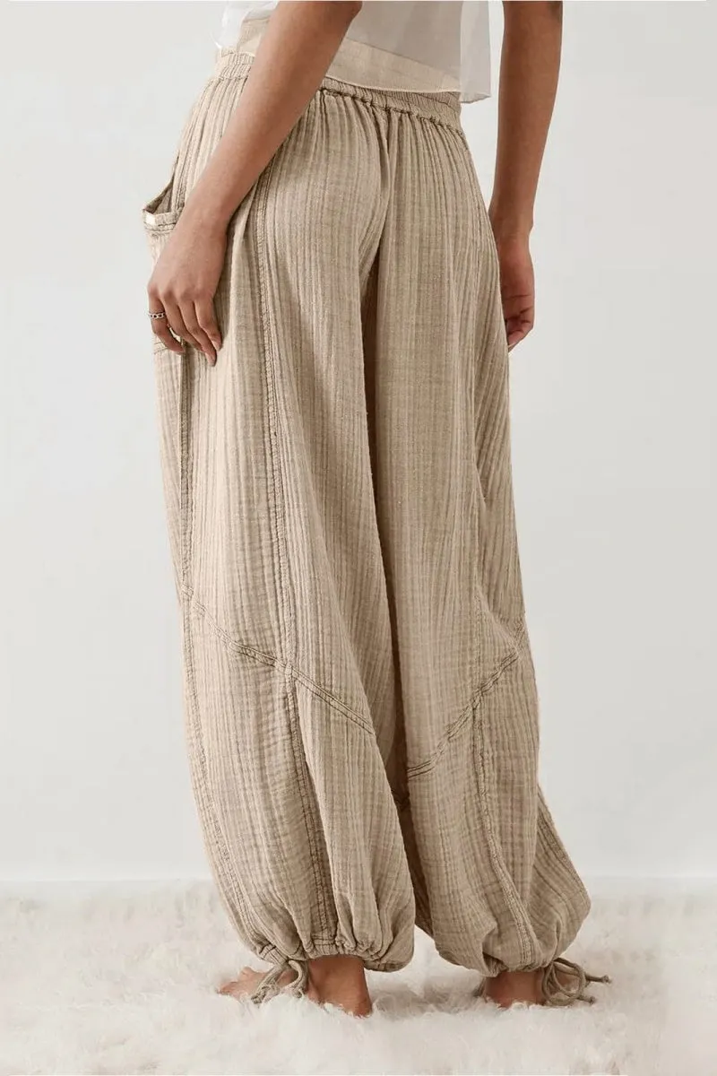 Chouyatou Womens Casual Loose Fit Wide Leg Cotton Pants Drawstring Stitching Baggy Pants Trousers with Pockets