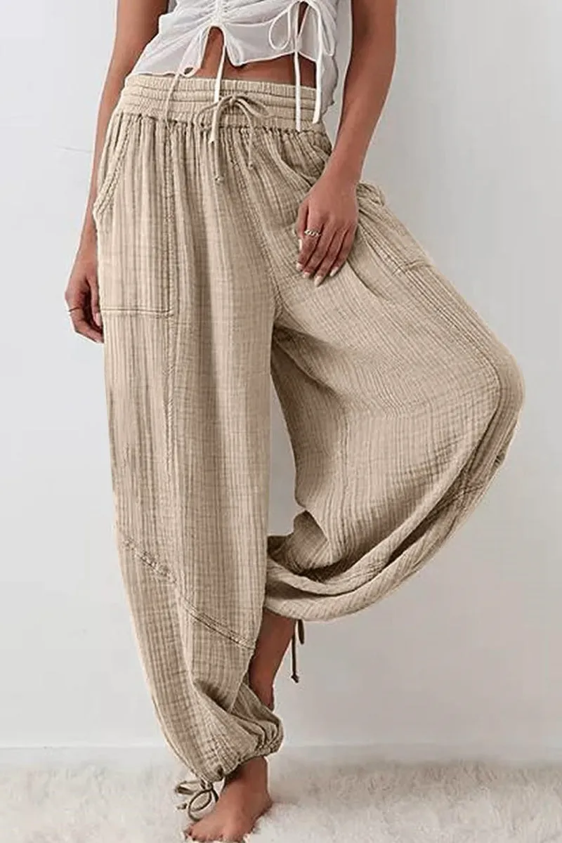 Chouyatou Womens Casual Loose Fit Wide Leg Cotton Pants Drawstring Stitching Baggy Pants Trousers with Pockets