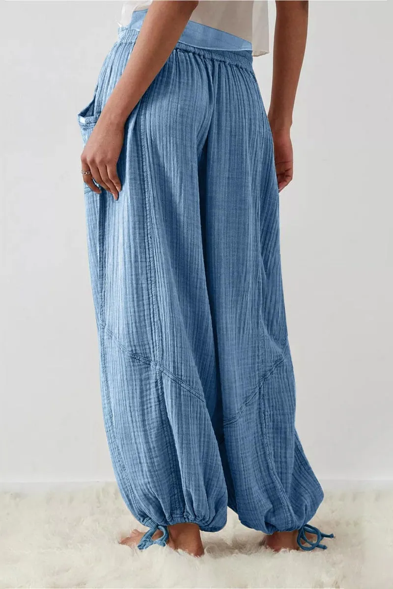 Chouyatou Womens Casual Loose Fit Wide Leg Cotton Pants Drawstring Stitching Baggy Pants Trousers with Pockets
