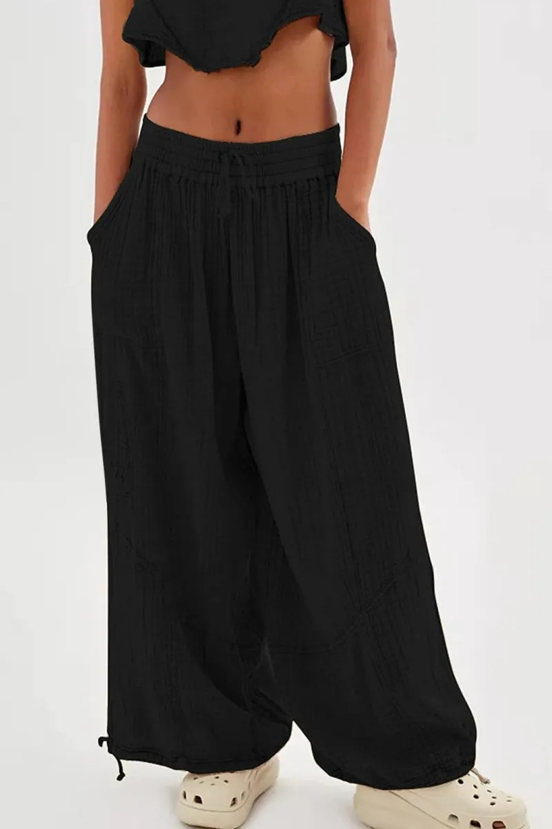Chouyatou Womens Casual Loose Fit Wide Leg Cotton Pants Drawstring Stitching Baggy Pants Trousers with Pockets