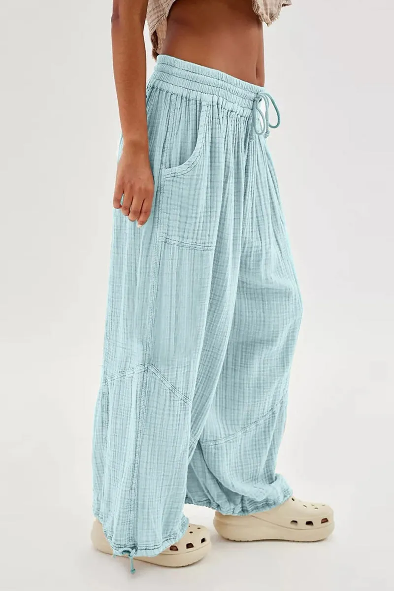 Chouyatou Womens Casual Loose Fit Wide Leg Cotton Pants Drawstring Stitching Baggy Pants Trousers with Pockets