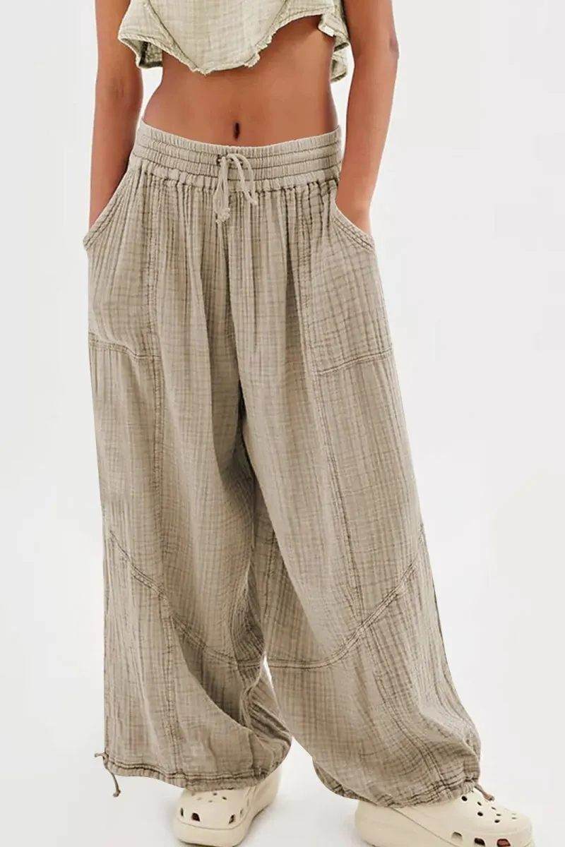Chouyatou Womens Casual Loose Fit Wide Leg Cotton Pants Drawstring Stitching Baggy Pants Trousers with Pockets