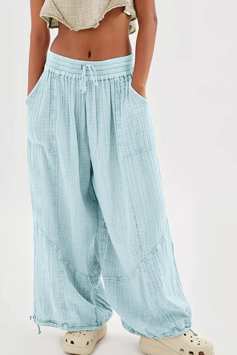 Chouyatou Womens Casual Loose Fit Wide Leg Cotton Pants Drawstring Stitching Baggy Pants Trousers with Pockets