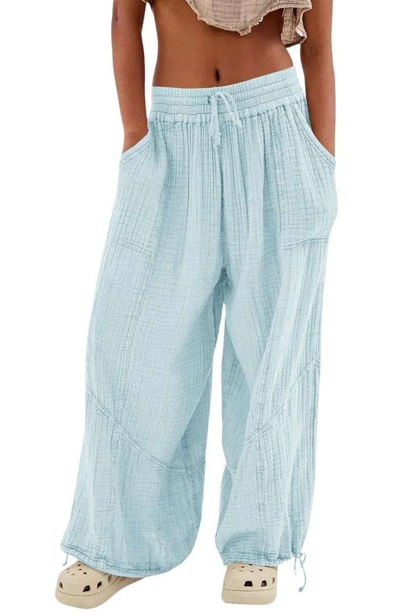 Chouyatou Womens Casual Loose Fit Wide Leg Cotton Pants Drawstring Stitching Baggy Pants Trousers with Pockets