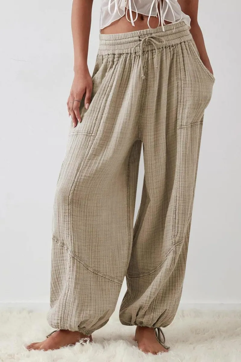 Chouyatou Womens Casual Loose Fit Wide Leg Cotton Pants Drawstring Stitching Baggy Pants Trousers with Pockets