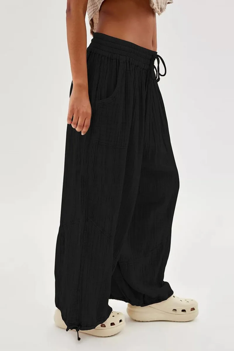 Chouyatou Womens Casual Loose Fit Wide Leg Cotton Pants Drawstring Stitching Baggy Pants Trousers with Pockets