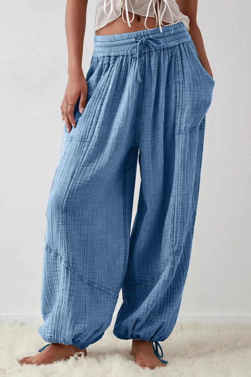 Chouyatou Womens Casual Loose Fit Wide Leg Cotton Pants Drawstring Stitching Baggy Pants Trousers with Pockets