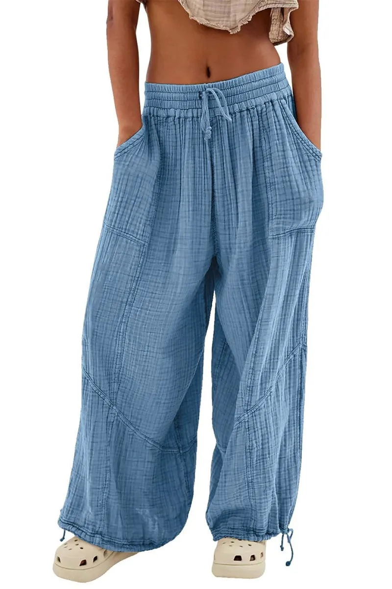 Chouyatou Womens Casual Loose Fit Wide Leg Cotton Pants Drawstring Stitching Baggy Pants Trousers with Pockets