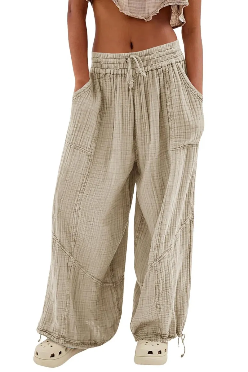 Chouyatou Womens Casual Loose Fit Wide Leg Cotton Pants Drawstring Stitching Baggy Pants Trousers with Pockets