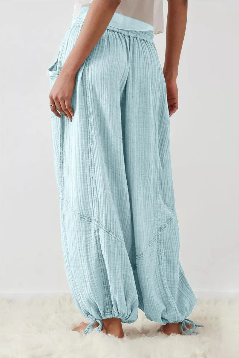 Chouyatou Womens Casual Loose Fit Wide Leg Cotton Pants Drawstring Stitching Baggy Pants Trousers with Pockets