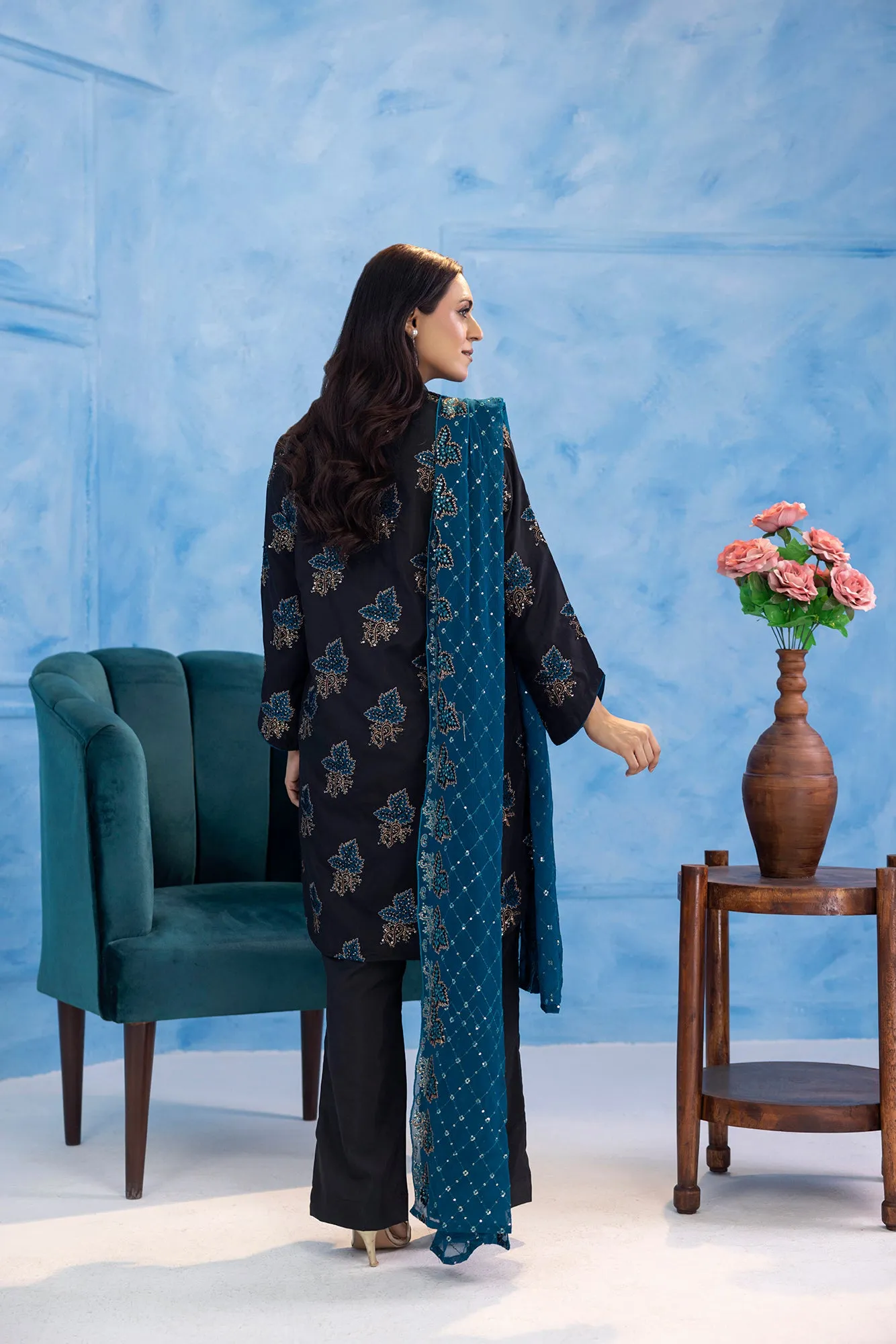 Classic Black Embroidered stitched 3-piece