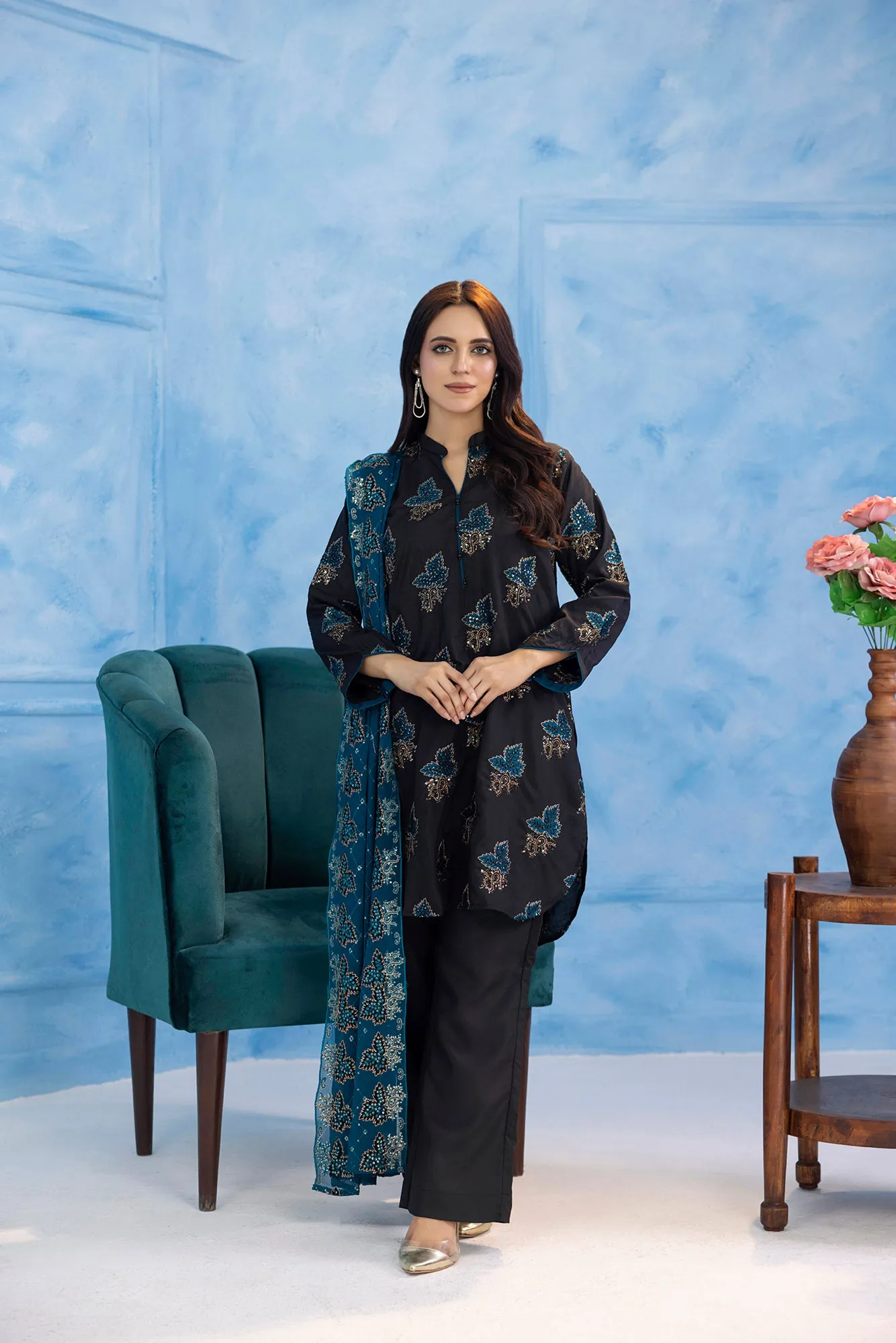 Classic Black Embroidered stitched 3-piece