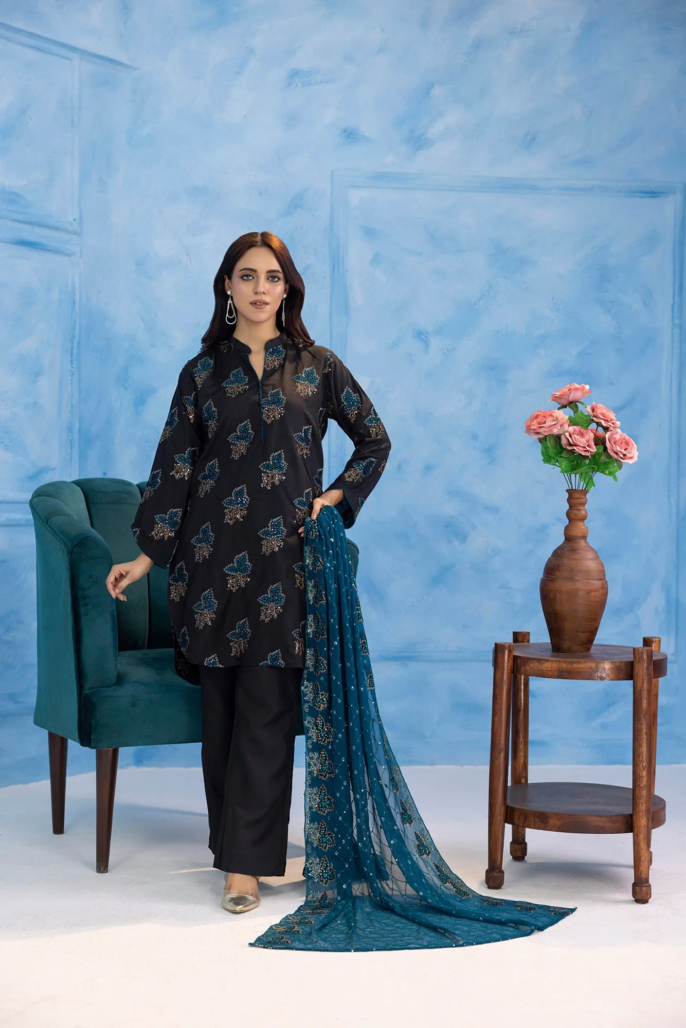 Classic Black Embroidered stitched 3-piece