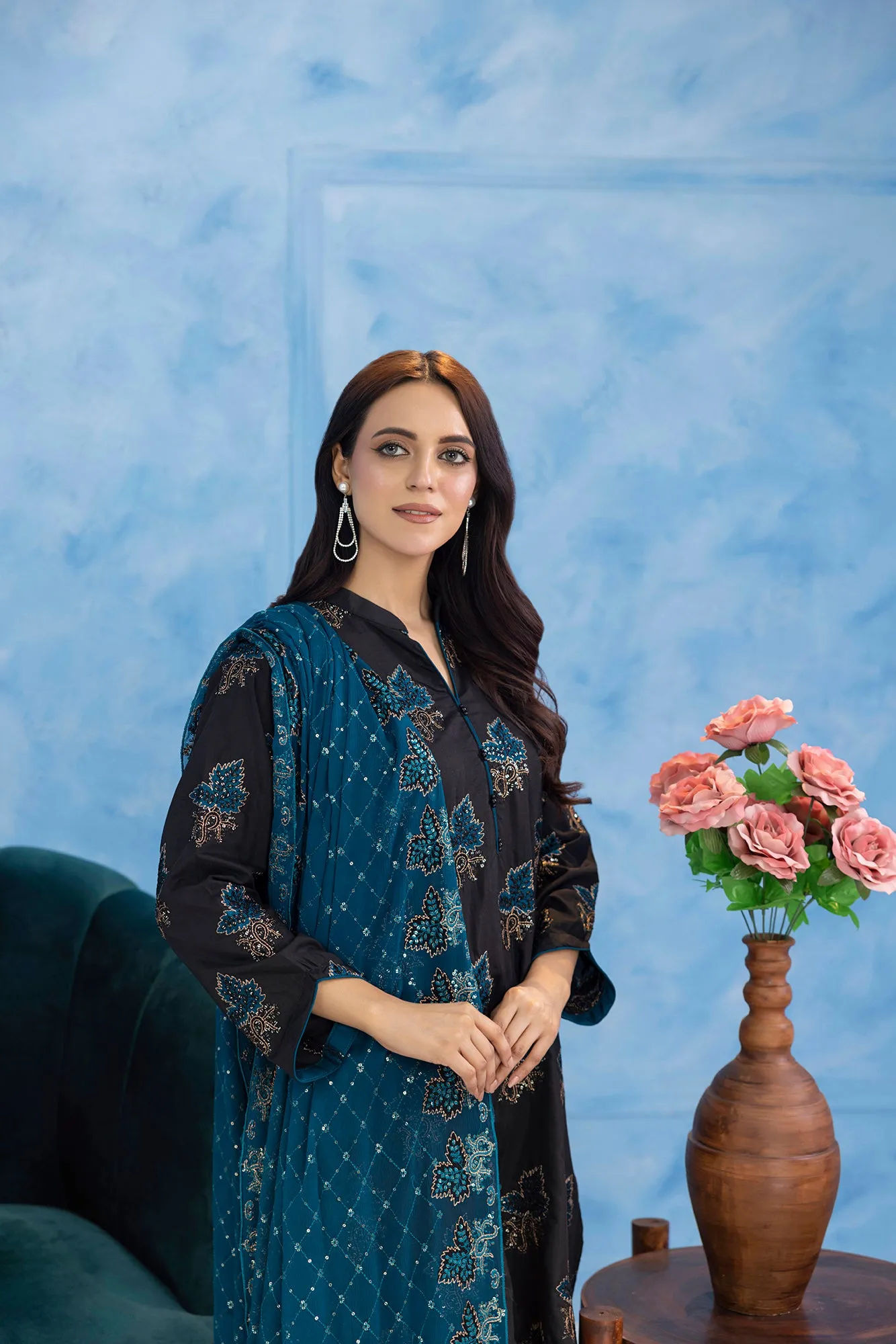Classic Black Embroidered stitched 3-piece