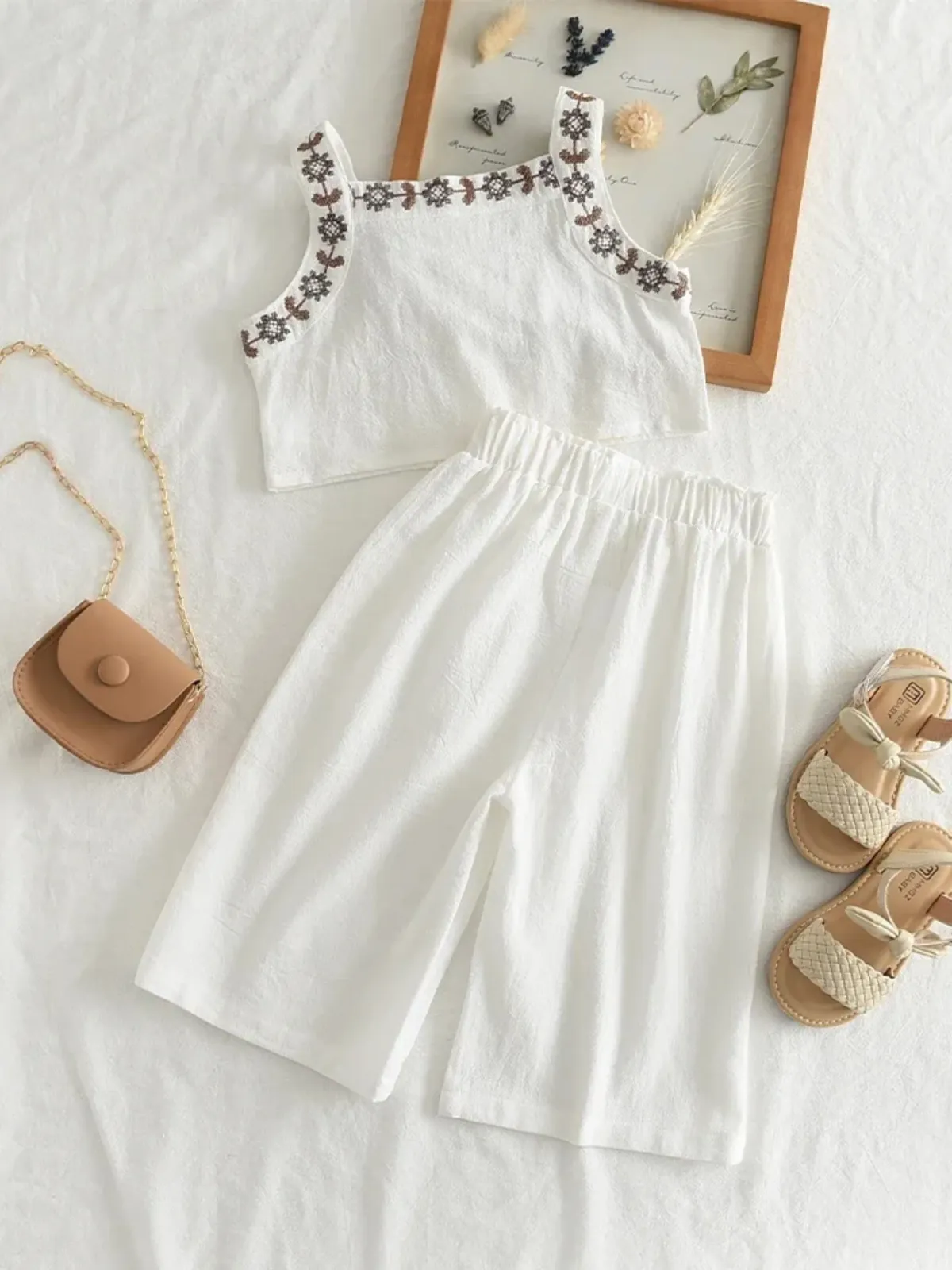 Coastal Babe Embroidered Top And Wide Leg Pants Set