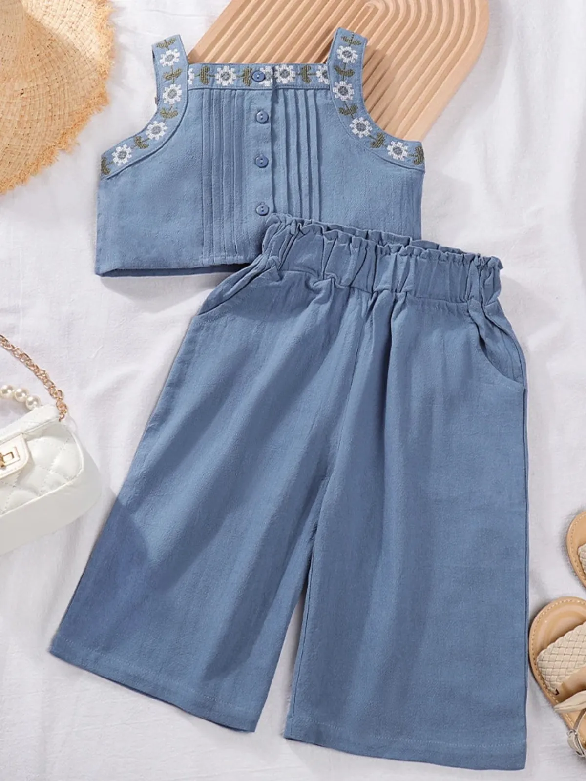 Coastal Babe Embroidered Top And Wide Leg Pants Set