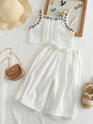Coastal Babe Embroidered Top And Wide Leg Pants Set