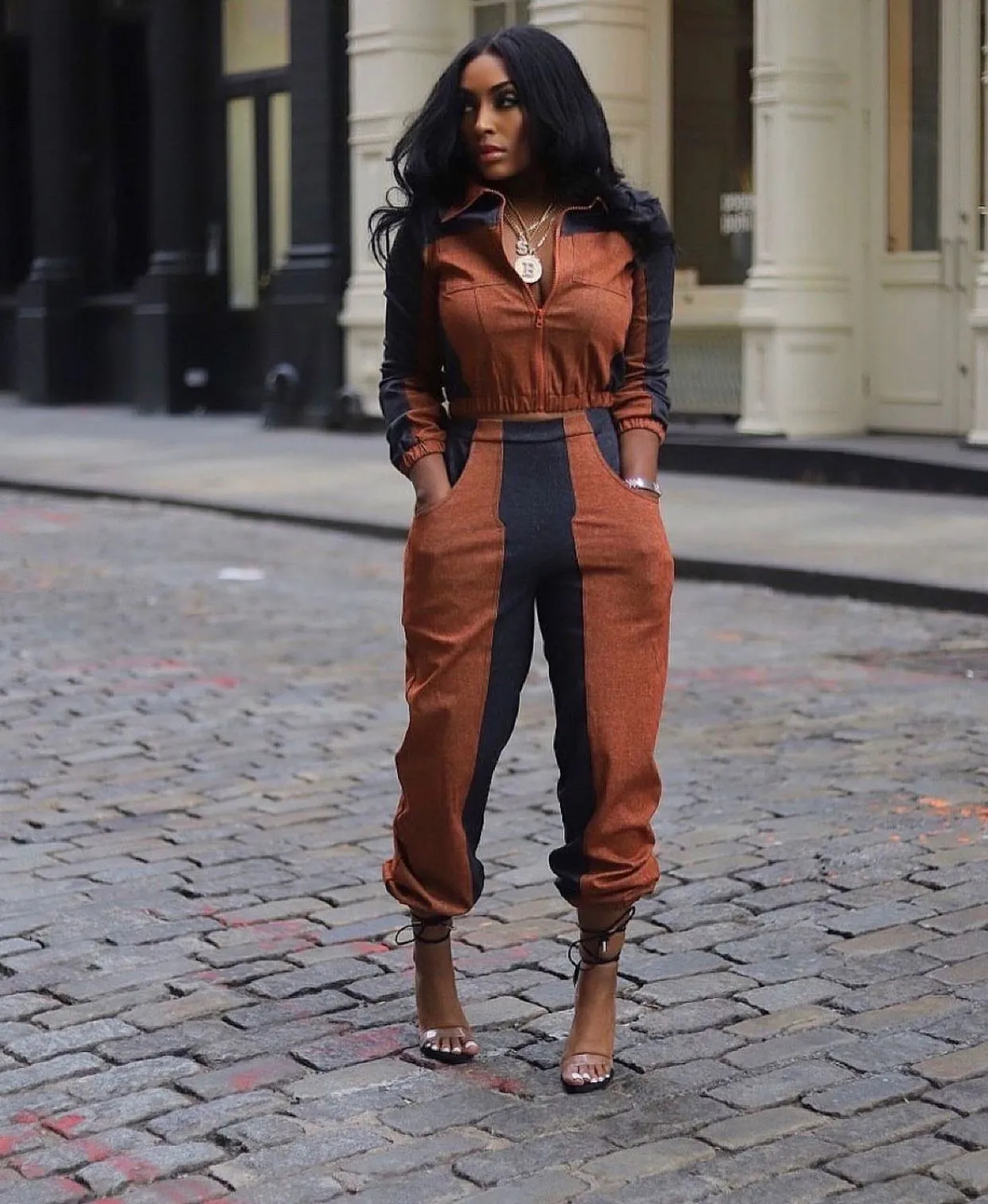 Cognac Nights Denim Jogger Set